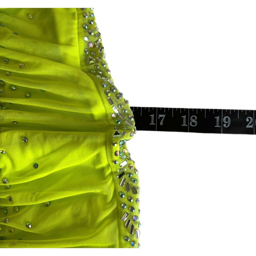 Neon Lime Rhinestone Corset Mini Dress Sz XS/S One Shoulder Bodycon Clubbing - Picture 11 of 12